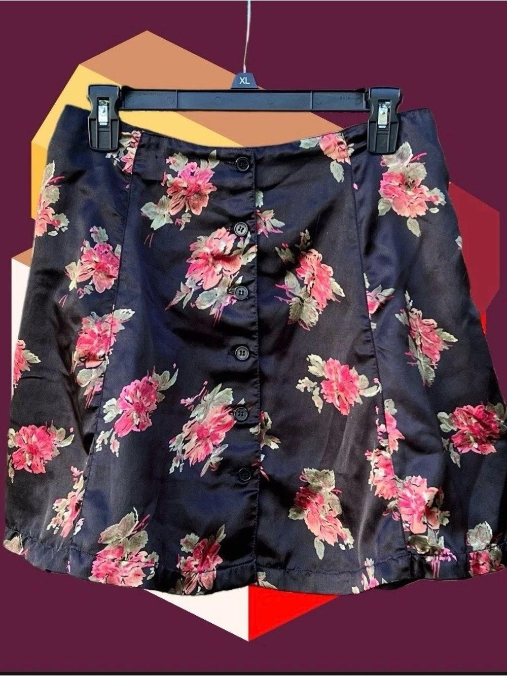 Just Class 90’s VTG Black Floral Mini Skirt Satin (Polyester) Button Front Sz M